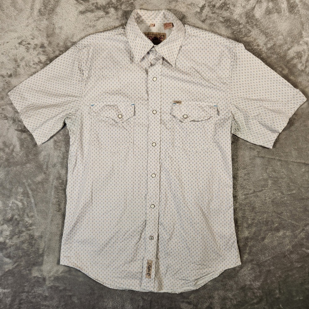 Rafter C Western Snap Shirt Mens Small White Geometric ProFlex45 Excellent